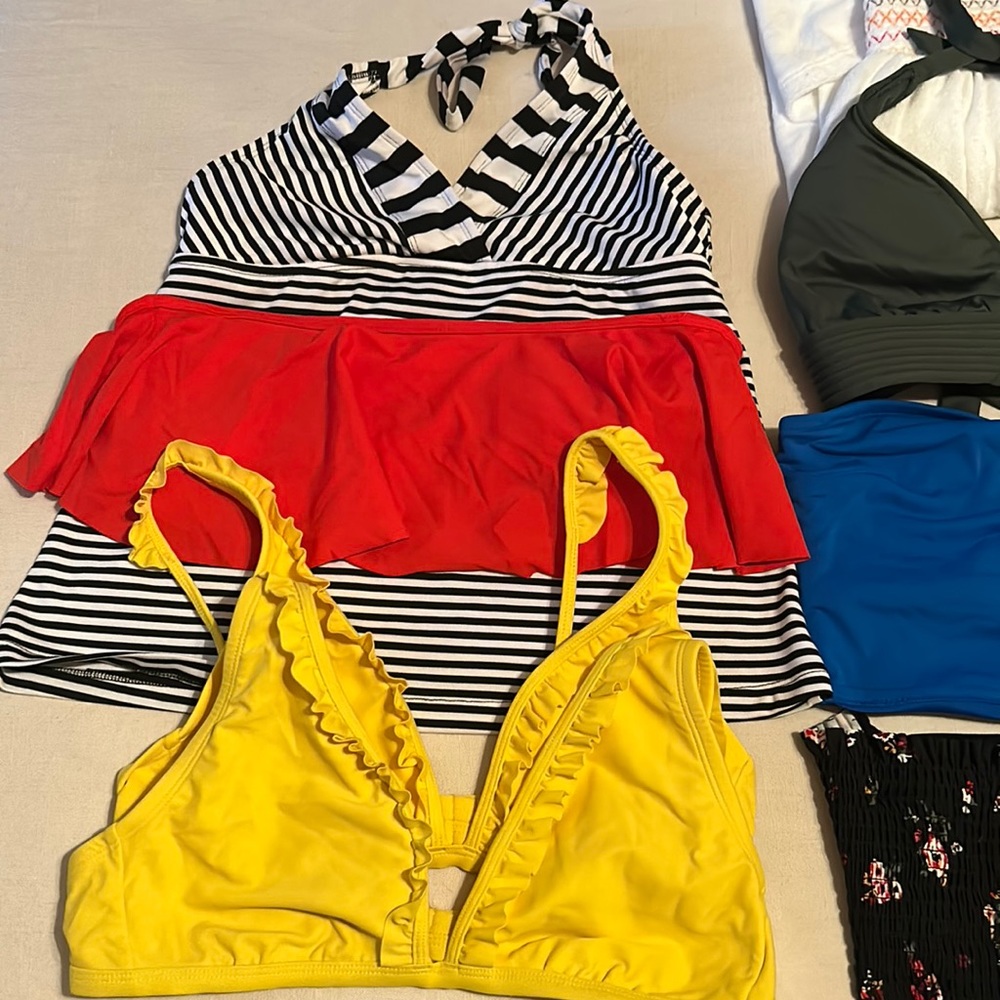 Swimsuit lot. 7 tops, 3 bottoms, 1 coverup.